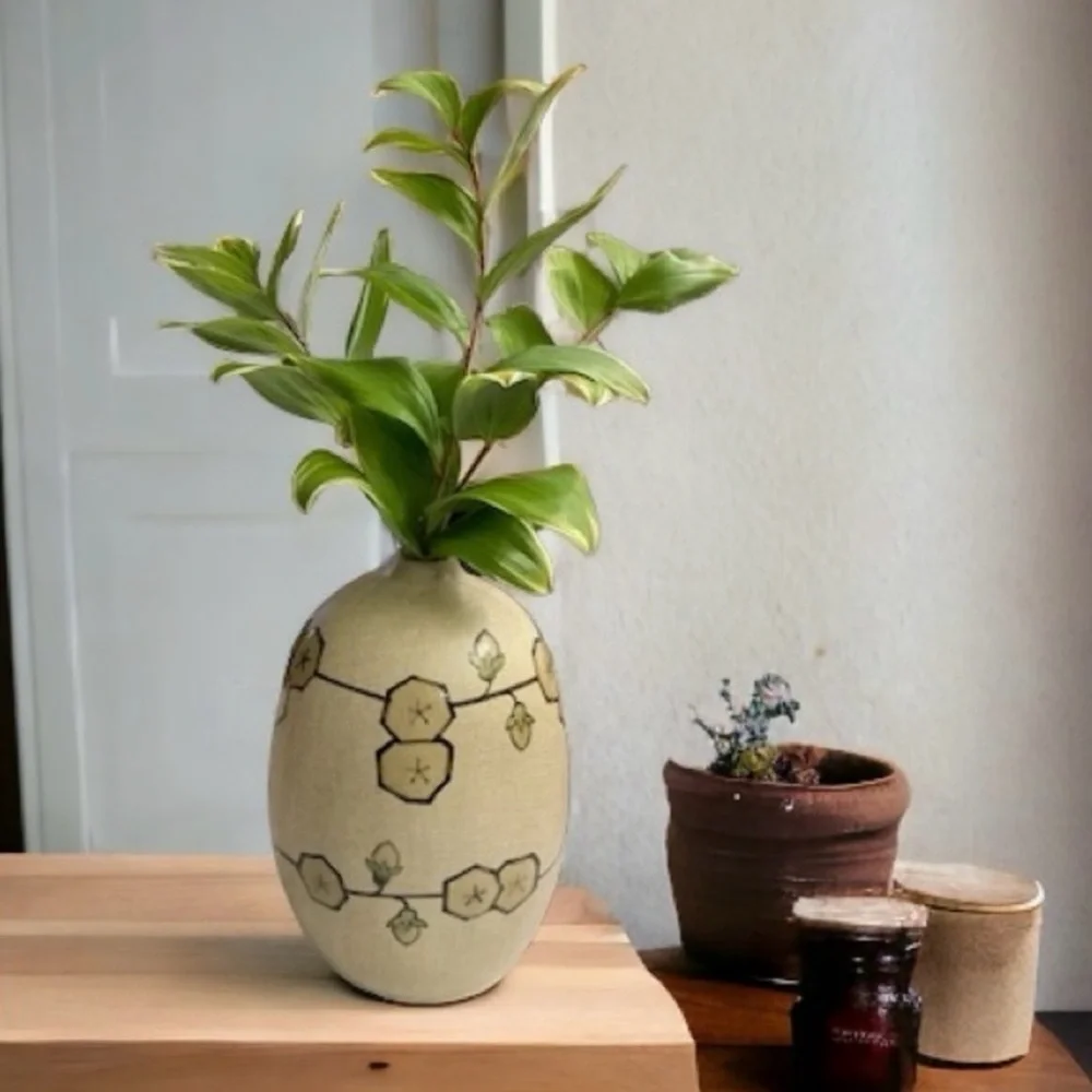 Vintage 1960s MCM Textured Clay Vase Geometric Floral Art Pottery 10.5